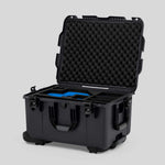 Angle view of Graphite Color Sony Burano Heavy Duty Roller Case and Custom Foam Insert with Blue Layer for Burano Camera And Accessories