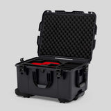 Angle view of Graphite Color Sony Burano Heavy Duty Roller Case and Custom Foam Insert with Red Layer for Burano Camera And Accessories