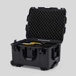 Angle view of Graphite Color Sony Burano Heavy Duty Roller Case and Custom Foam Insert with Yellow Layer for Burano Camera And Accessories