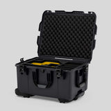 Angle view of Graphite Color Sony Burano Heavy Duty Roller Case and Custom Foam Insert with Yellow Layer for Burano Camera And Accessories