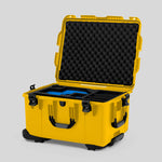 Angle view of Yellow Color Sony Burano Heavy Duty Roller Case and Custom Foam Insert with Blue Layer for Burano Camera And Accessories