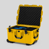 Angle view of Yellow Color Sony Burano Heavy Duty Roller Case and Custom Foam Insert with Blue Layer for Burano Camera And Accessories