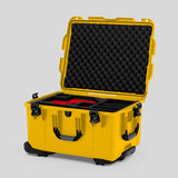 Angle view of Yellow Color Sony Burano Heavy Duty Roller Case and Custom Foam Insert with Red Layer for Burano Camera And Accessories