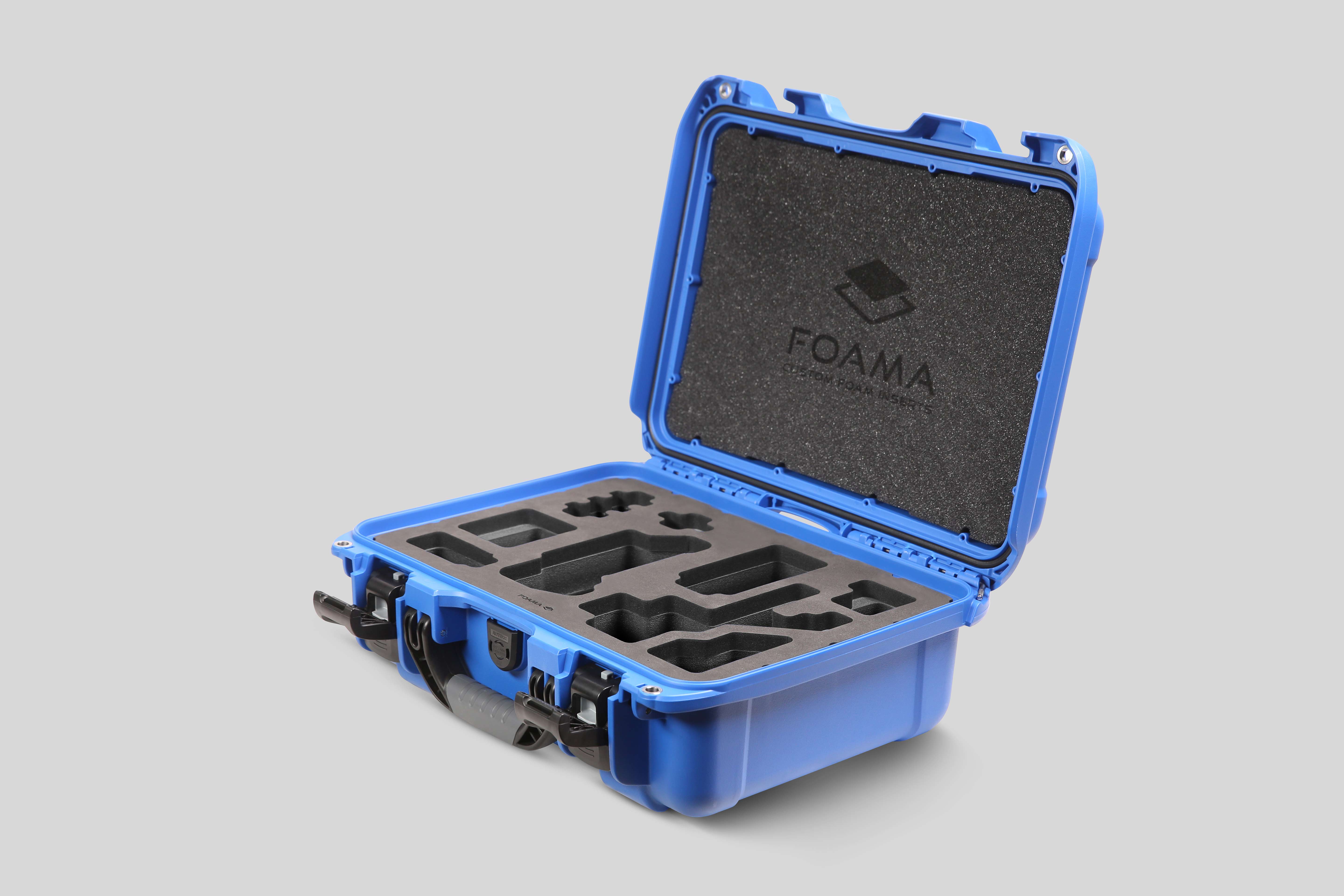Angled view of Foama Blue Color Carry-on case and Custom Foam Insert for Sony FX-3