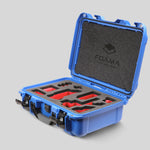 Angled view of Foama Blue Color Carry-on case and Custom Foam Insert with Red Layer for Sony FX-3