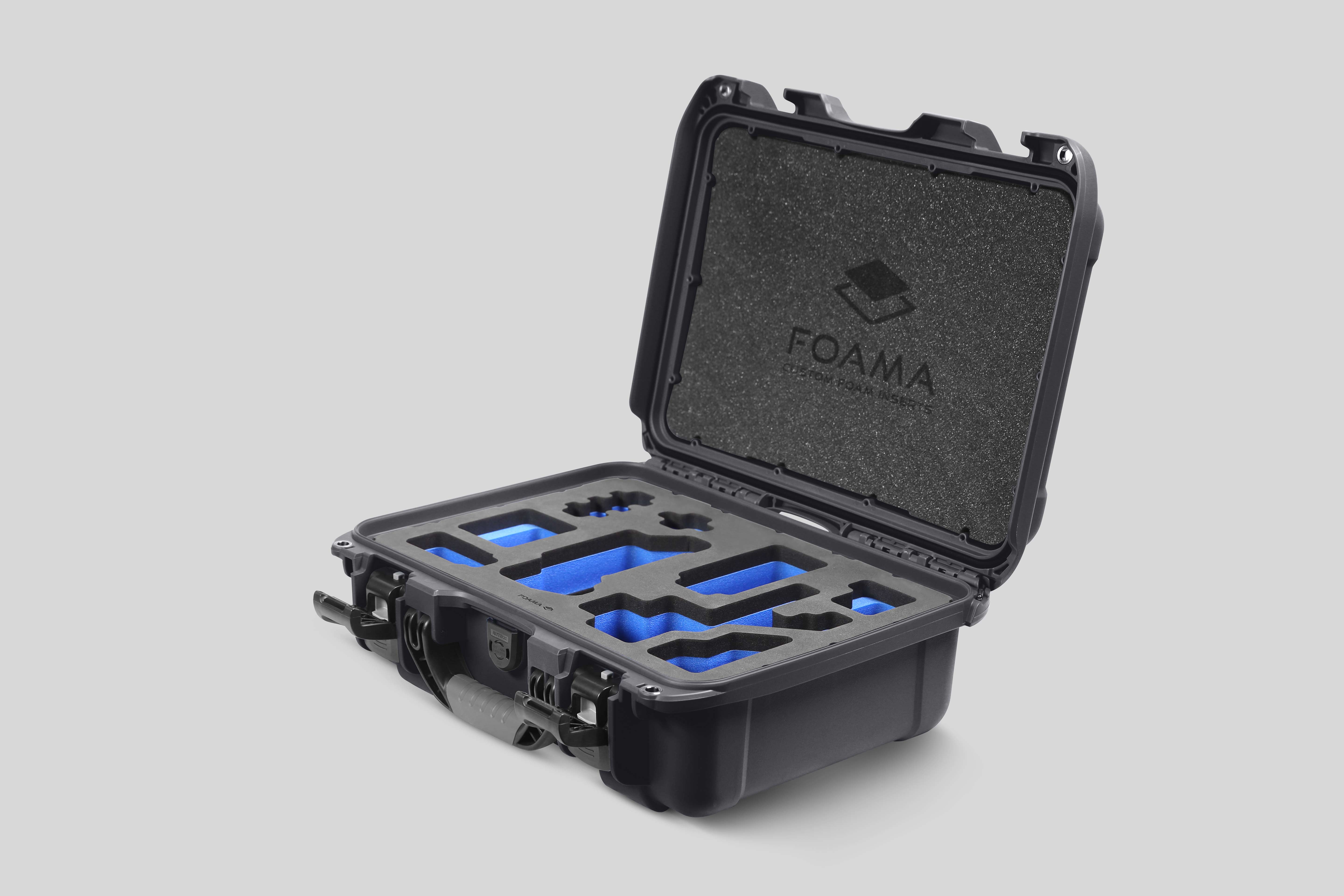 Angled view of Foama Graphite Color Carry-on case and Custom Foam Insert with Blue Layer for Sony FX-3