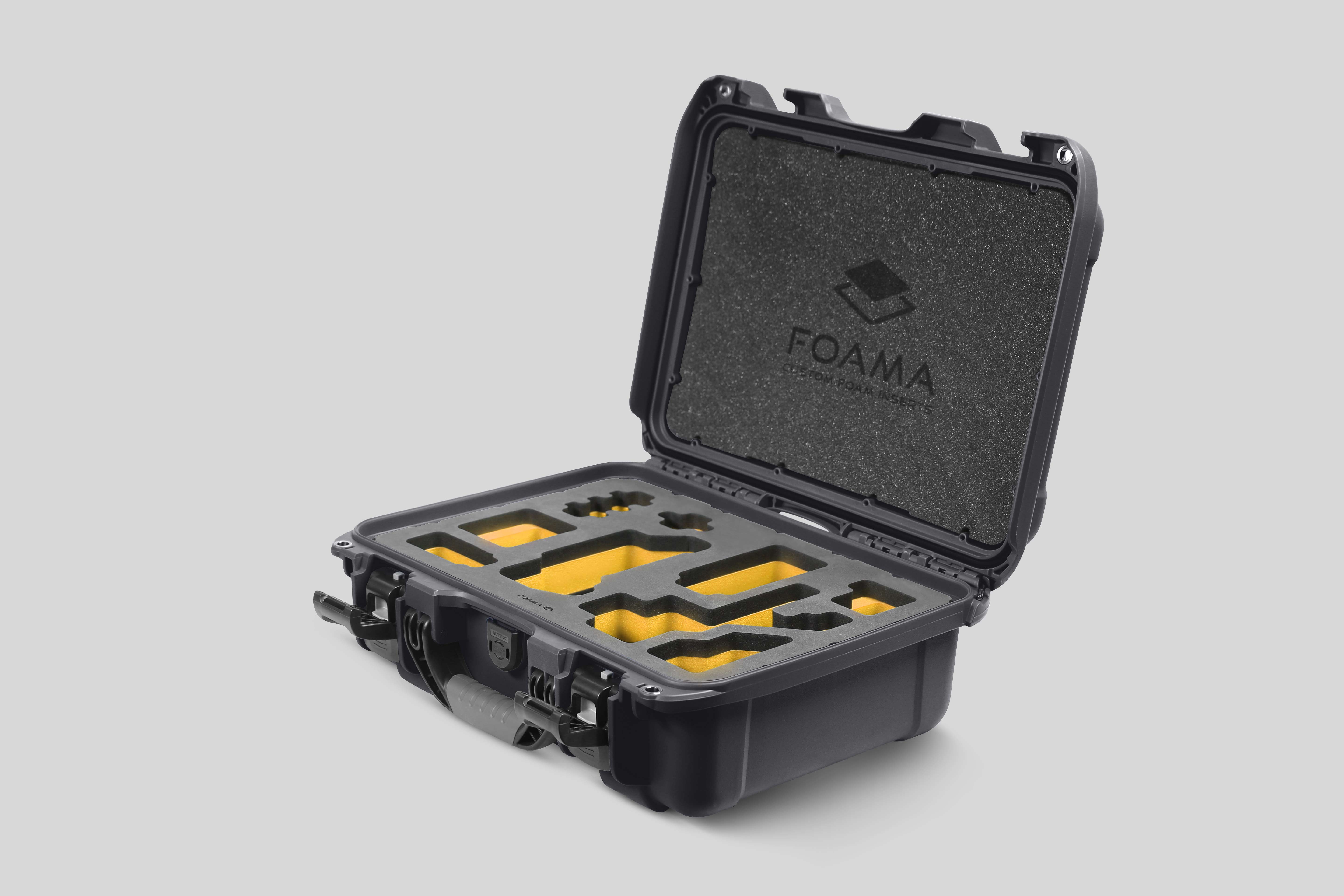 Angled view of Foama Graphite Color Carry-on case and Custom Foam Insert with Yellow Layer for Sony FX-3