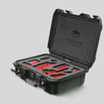 Angled view of Foama Olive Color Carry-on case and Custom Foam Insert with Red Layer for Sony FX-3