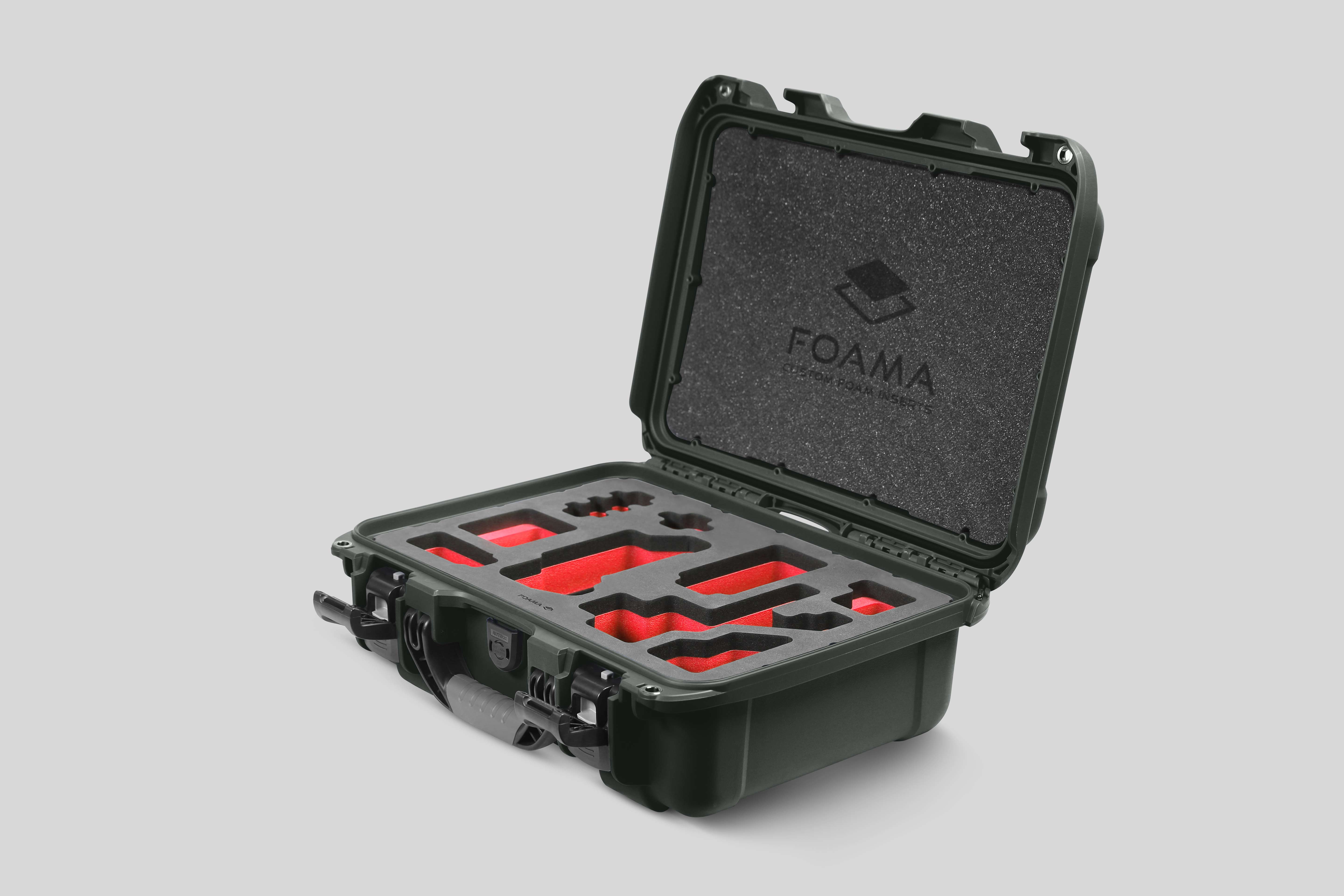 Angled view of Foama Olive Color Carry-on case and Custom Foam Insert with Red Layer for Sony FX-3