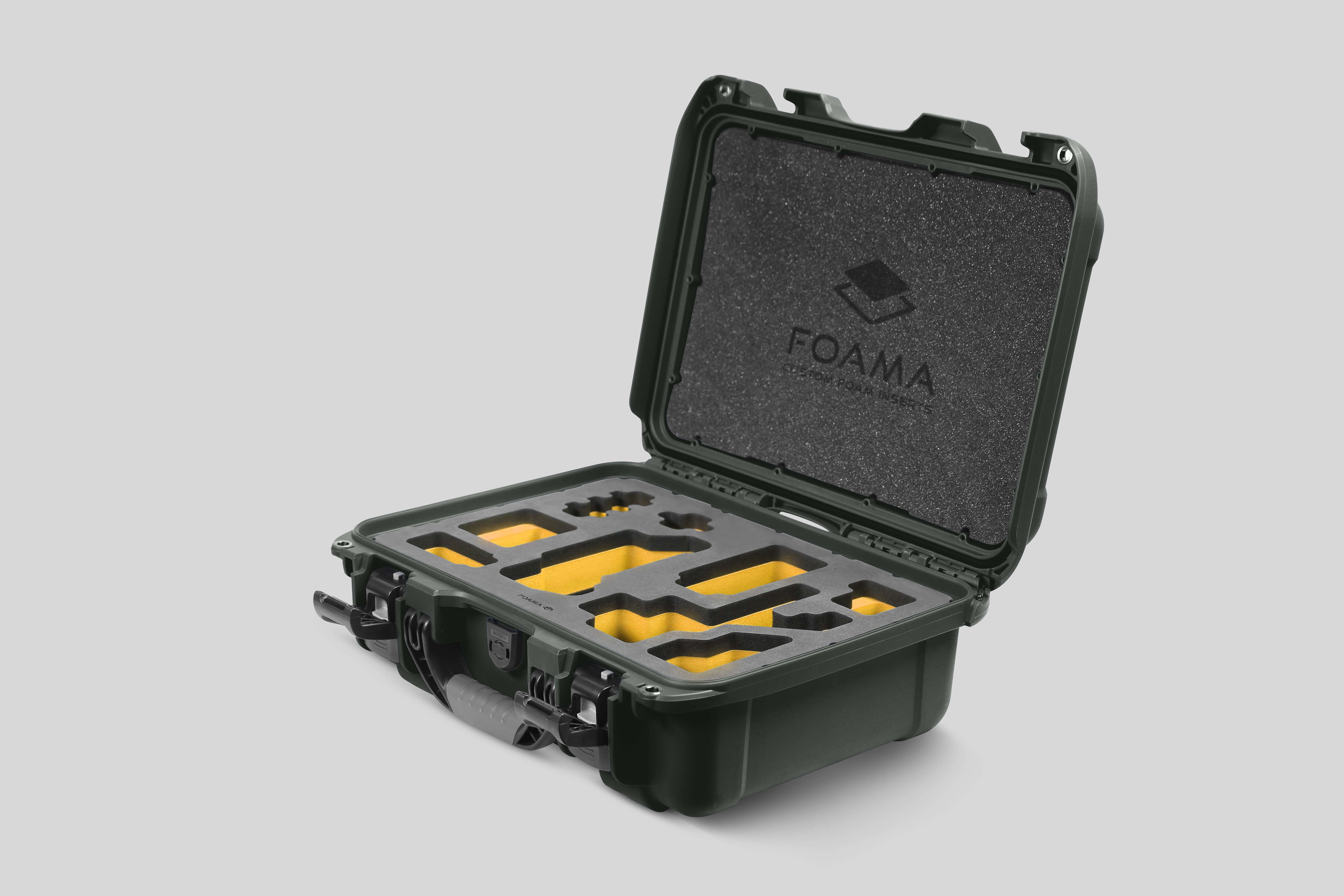 Angled view of Foama Olive Color Carry-on case and Custom Foam Insert with Yellow Layer for Sony FX-3