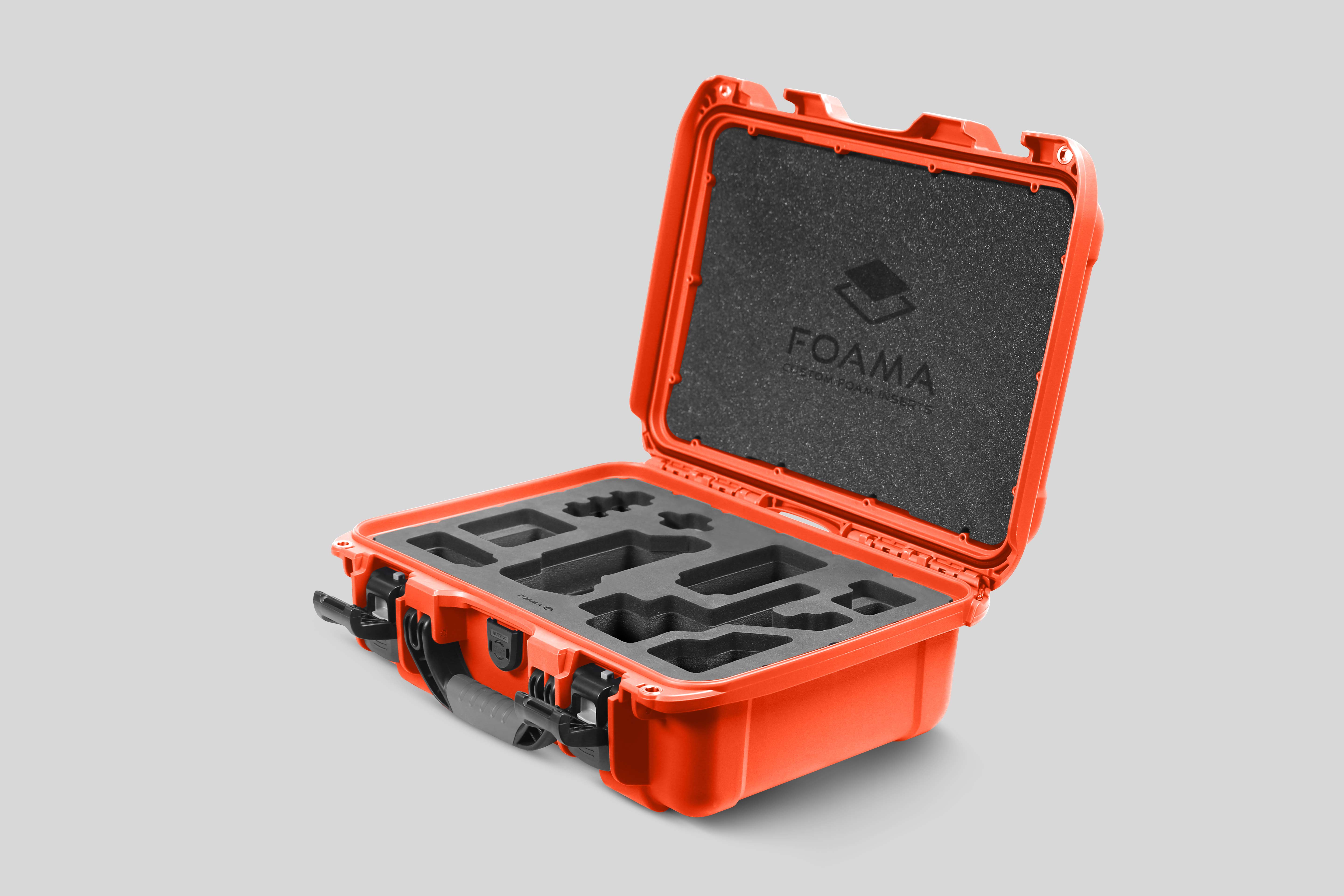 Angled view of Foama Orange Color Carry-on case and Black Custom Foam Insert for Sony FX-3
