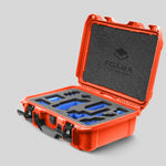 Angled view of Foama Orange Color Carry-on case and Custom Foam Insert with Blue Layer for Sony FX-3