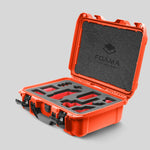 Angled view of Foama Orange Color Carry-on case and Custom Foam Insert with Red Layer for Sony FX-3