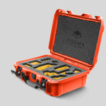 Angled view of Foama Orange Color Carry-on case and Custom Foam Insert with Yellow Layer for Sony FX-3
