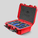 Angled view of Foama Red Color Carry-on case and Custom Foam Insert with Blue Layer for Sony FX-3