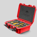 Angled view of Foama Red Color Carry-on case and Custom Foam Insert with Yellow Layer for Sony FX-3