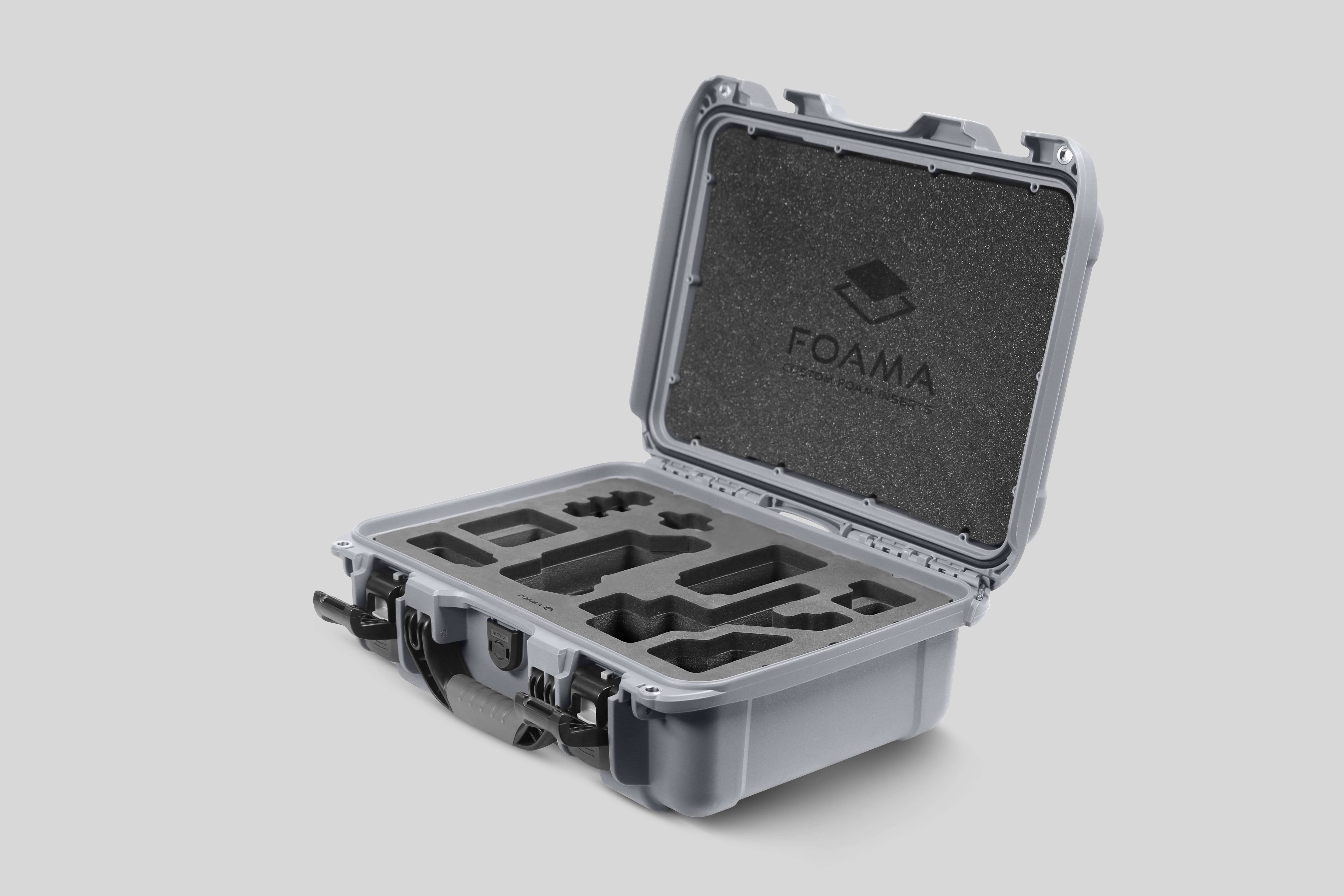 Angled view of Foama Silver Color Carry-on case and Custom Foam Insert for Sony FX-3