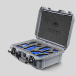 Angled view of Foama Silver Color Carry-on case and Custom Foam Insert with Blue Layer for Sony FX-3