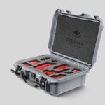 Angled view of Foama Silver Color Carry-on case and Custom Foam Insert with Red Layer for Sony FX-3