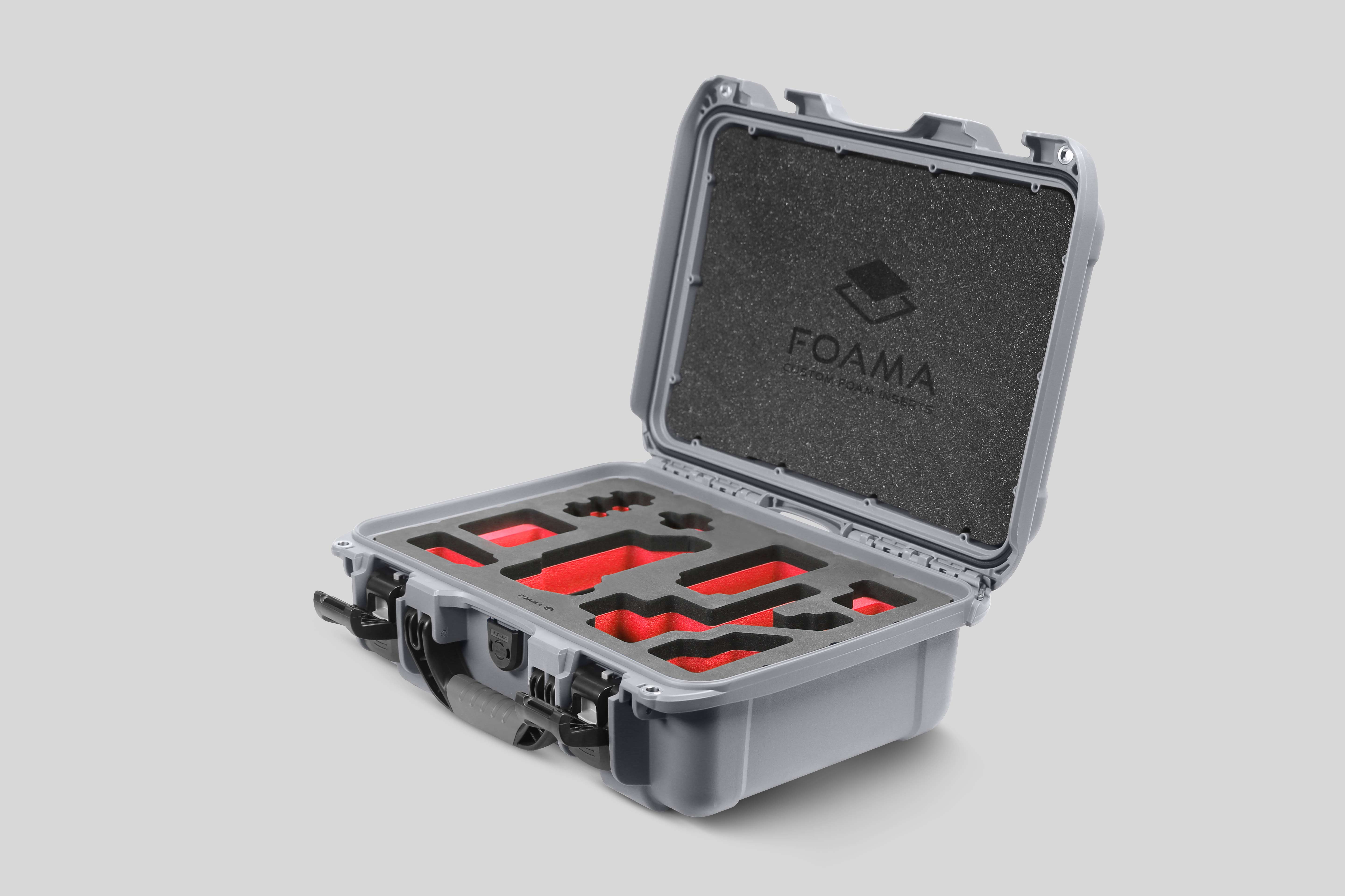 Angled view of Foama Silver Color Carry-on case and Custom Foam Insert with Red Layer for Sony FX-3