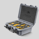 Angled view of Foama Silver Color Carry-on case and Custom Foam Insert with Yellow Layer for Sony FX-3
