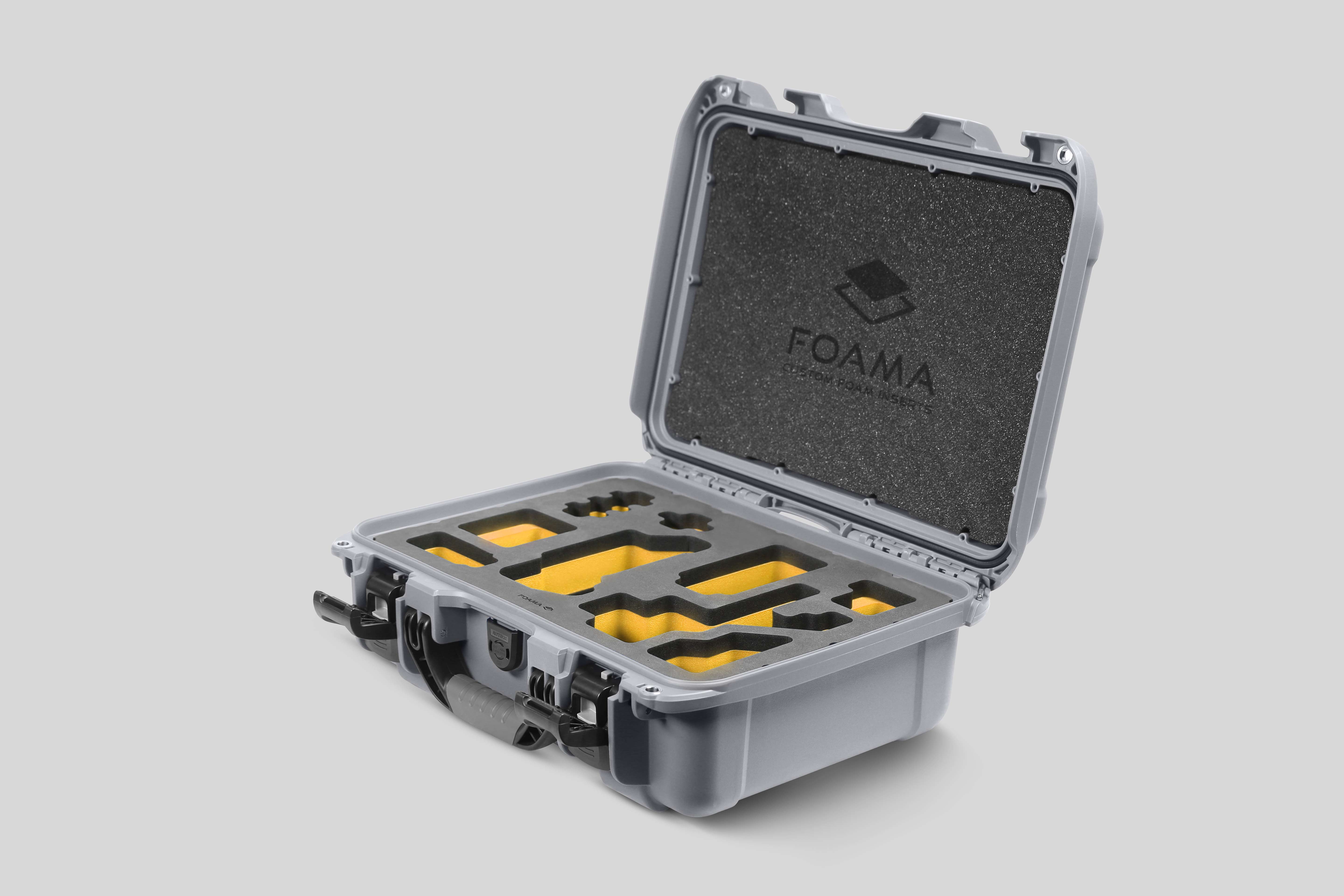 Angled view of Foama Silver Color Carry-on case and Custom Foam Insert with Yellow Layer for Sony FX-3