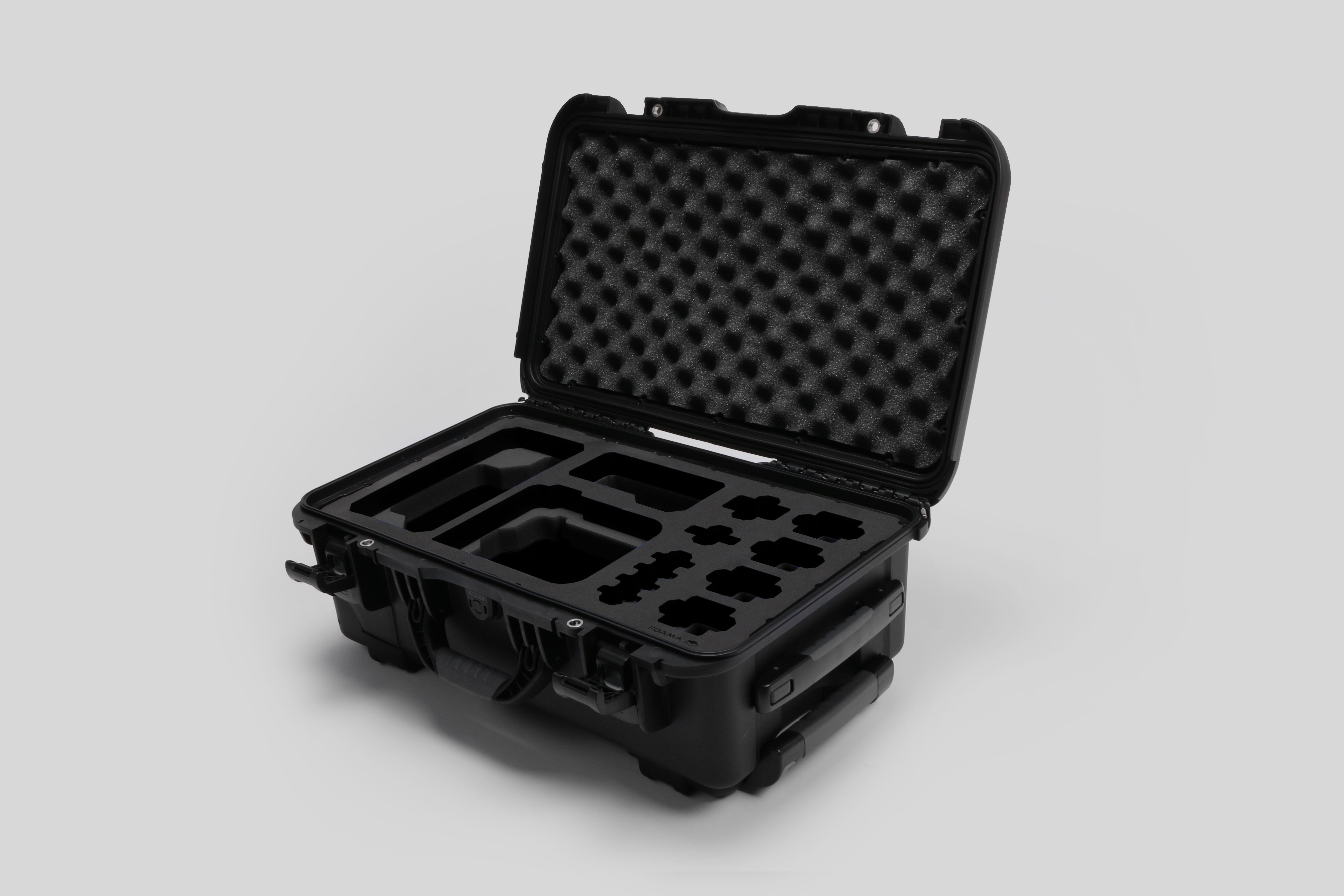 Angled view of Foama Black Color Carry-on case and Custom Foam Insert for Sony FX-6