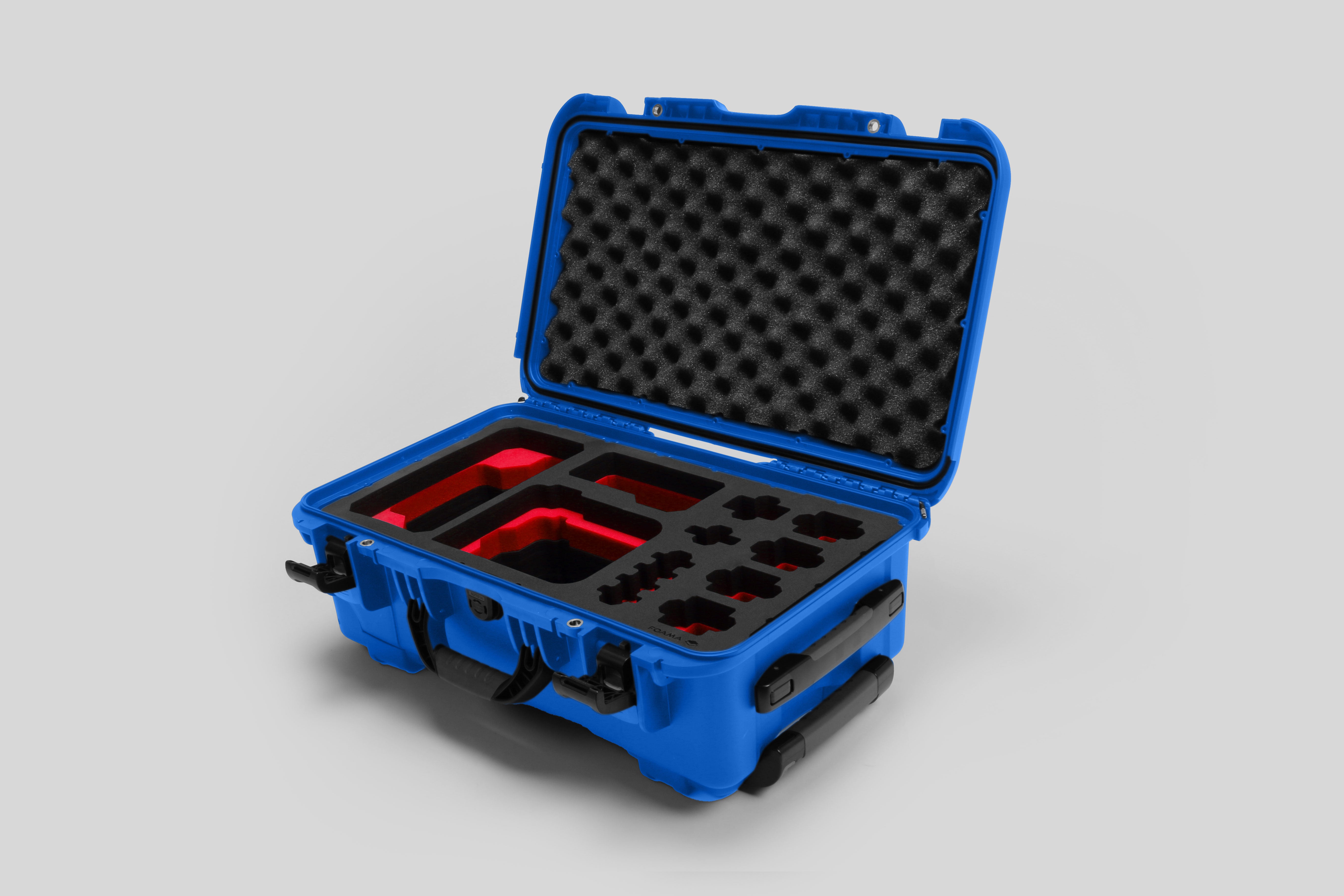 Angled view of Foama Blue Color Carry-on case and Custom Foam Insert with Red Layer for Sony FX-6