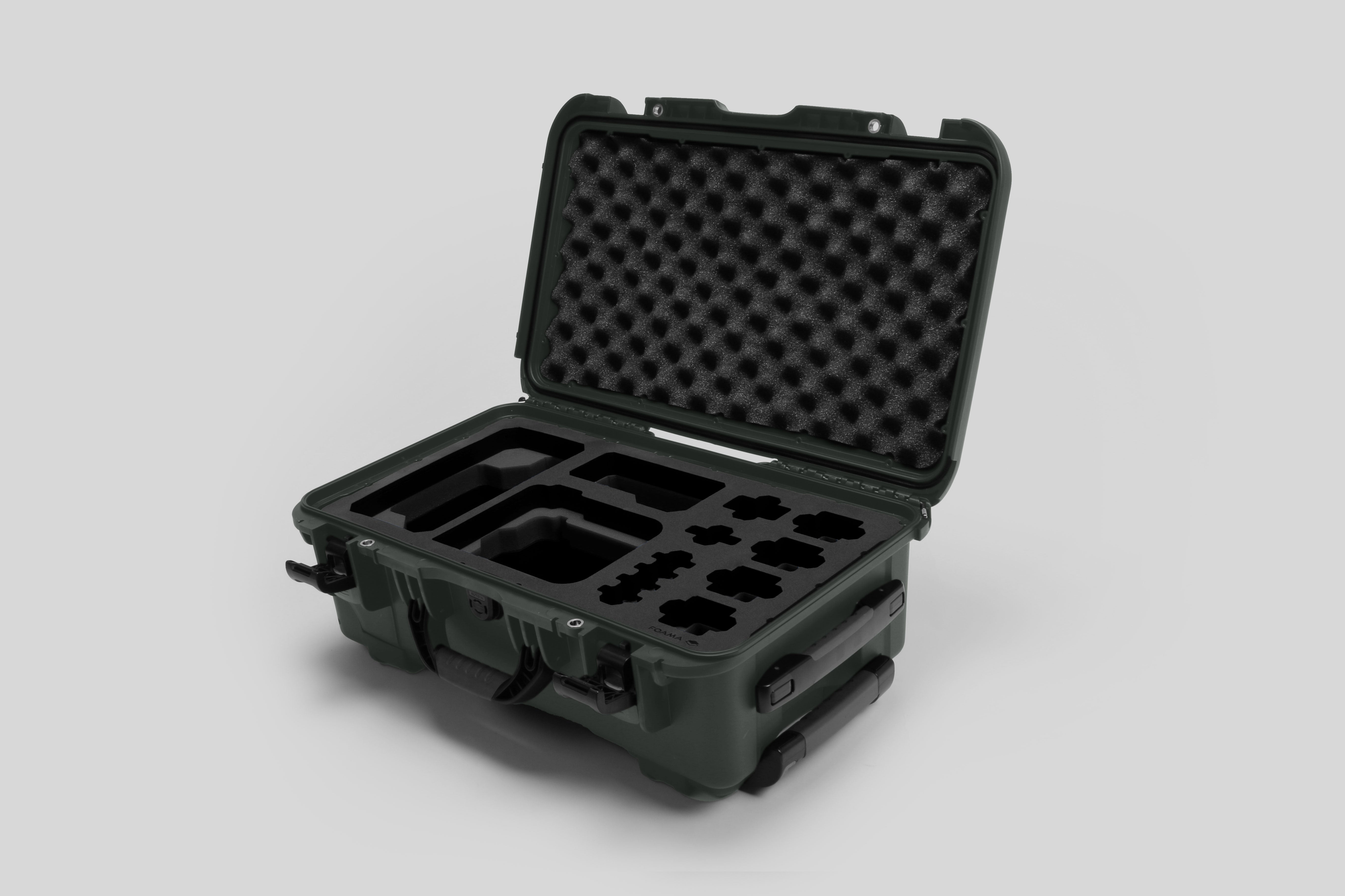 Angled view of Foama Olive Color Carry-on case and Custom Foam Insert for Sony FX-6