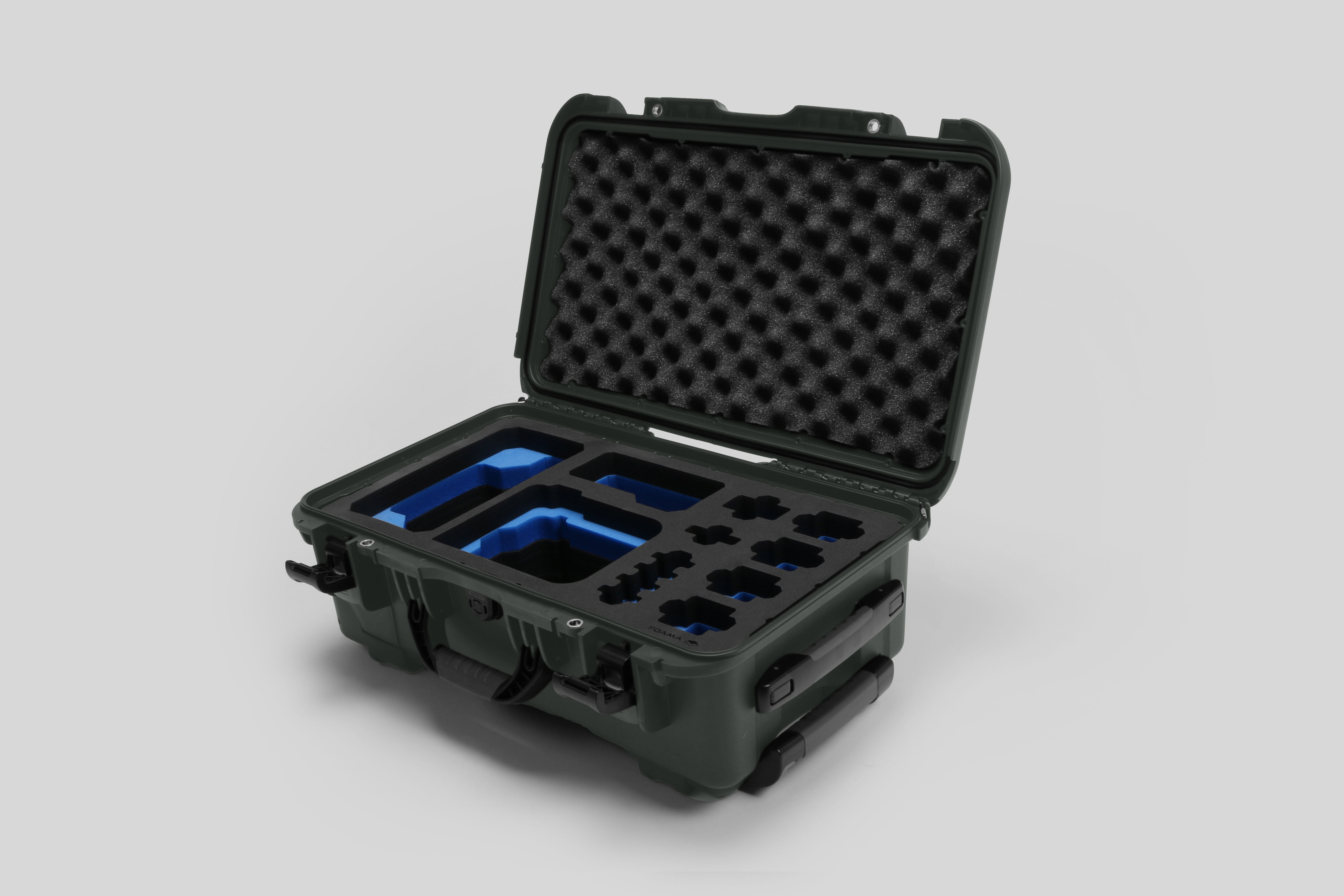 Angled view of Foama Olive Color Carry-on case and Custom Foam Insert with Blue Layer for Sony FX-6
