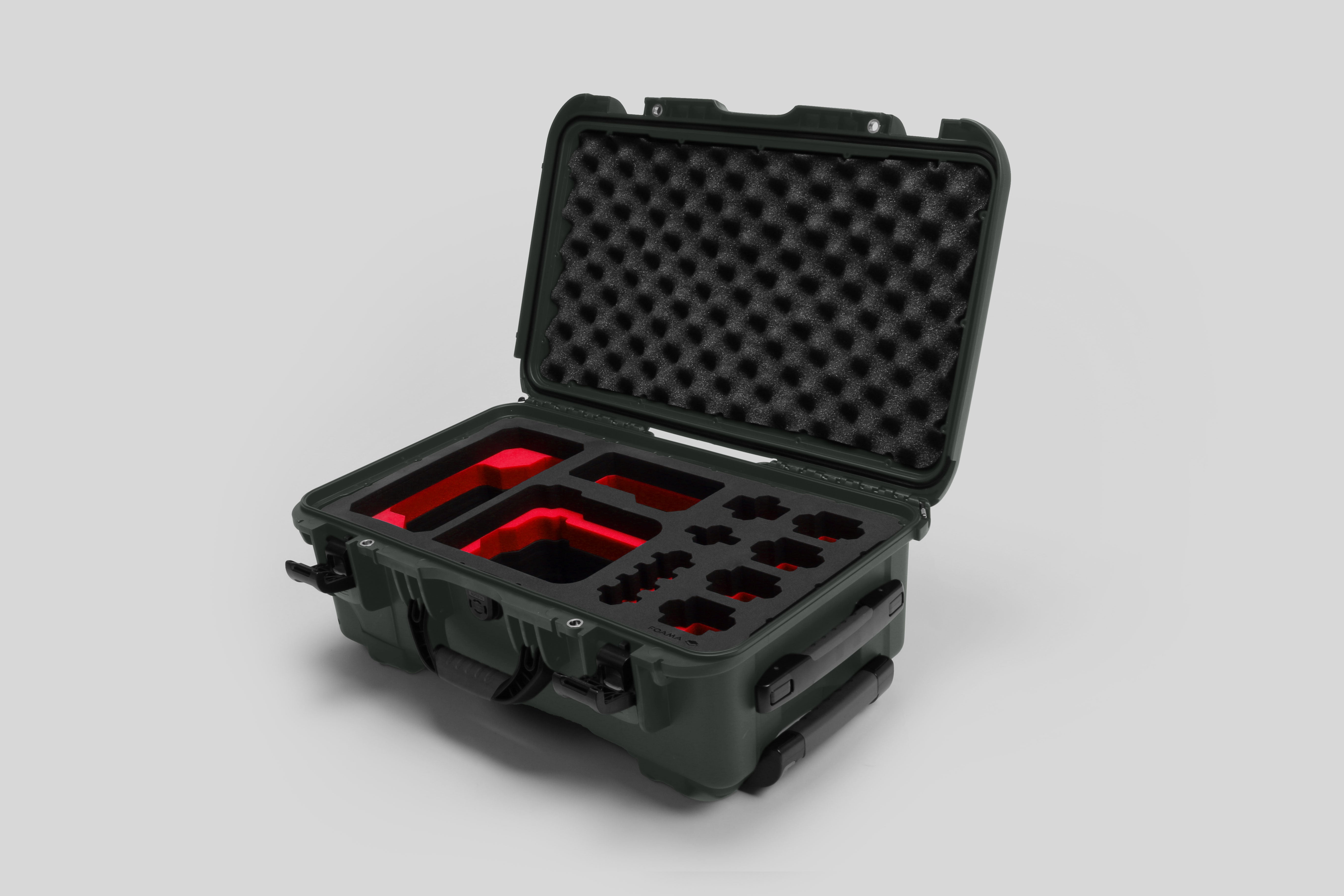 Angled view of Foama Olive Color Carry-on case and Custom Foam Insert with Red Layer for Sony FX-6