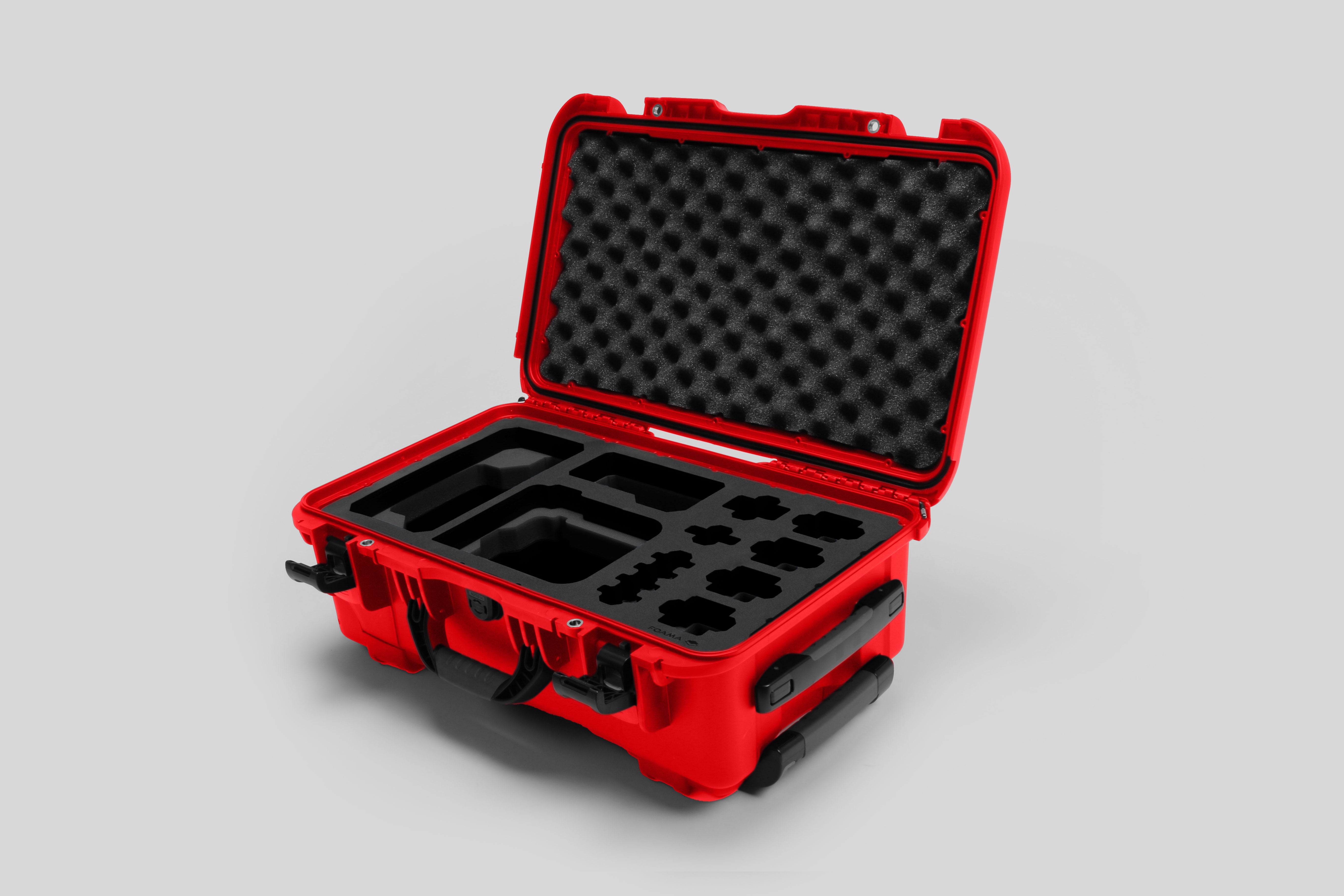 Angled view of Foama Red Color Carry-on case and Custom Foam Insert for Sony FX-6