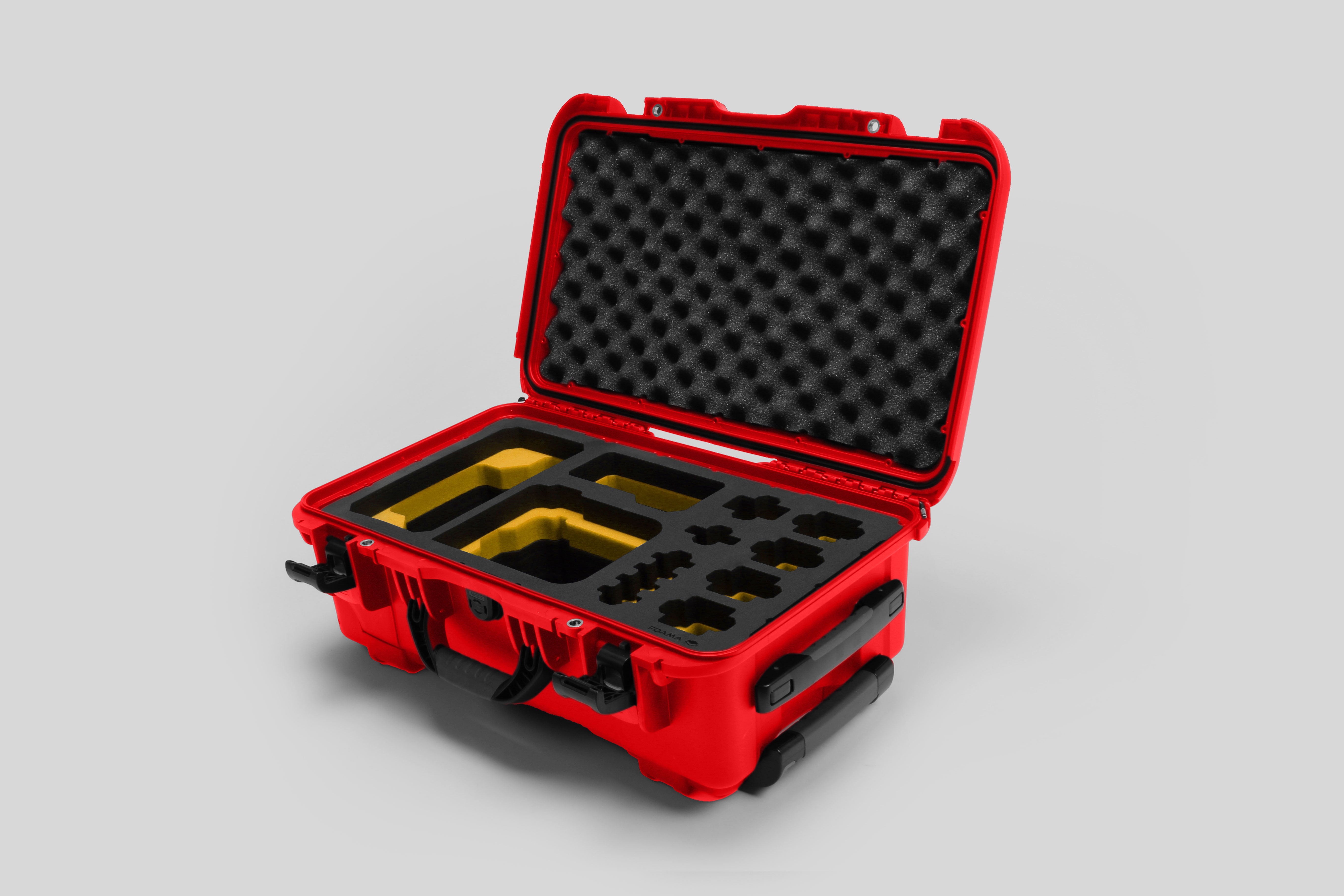 Angled view of Foama Red Color Carry-on case and Custom Foam Insert with Yellow Layer for Sony FX-6