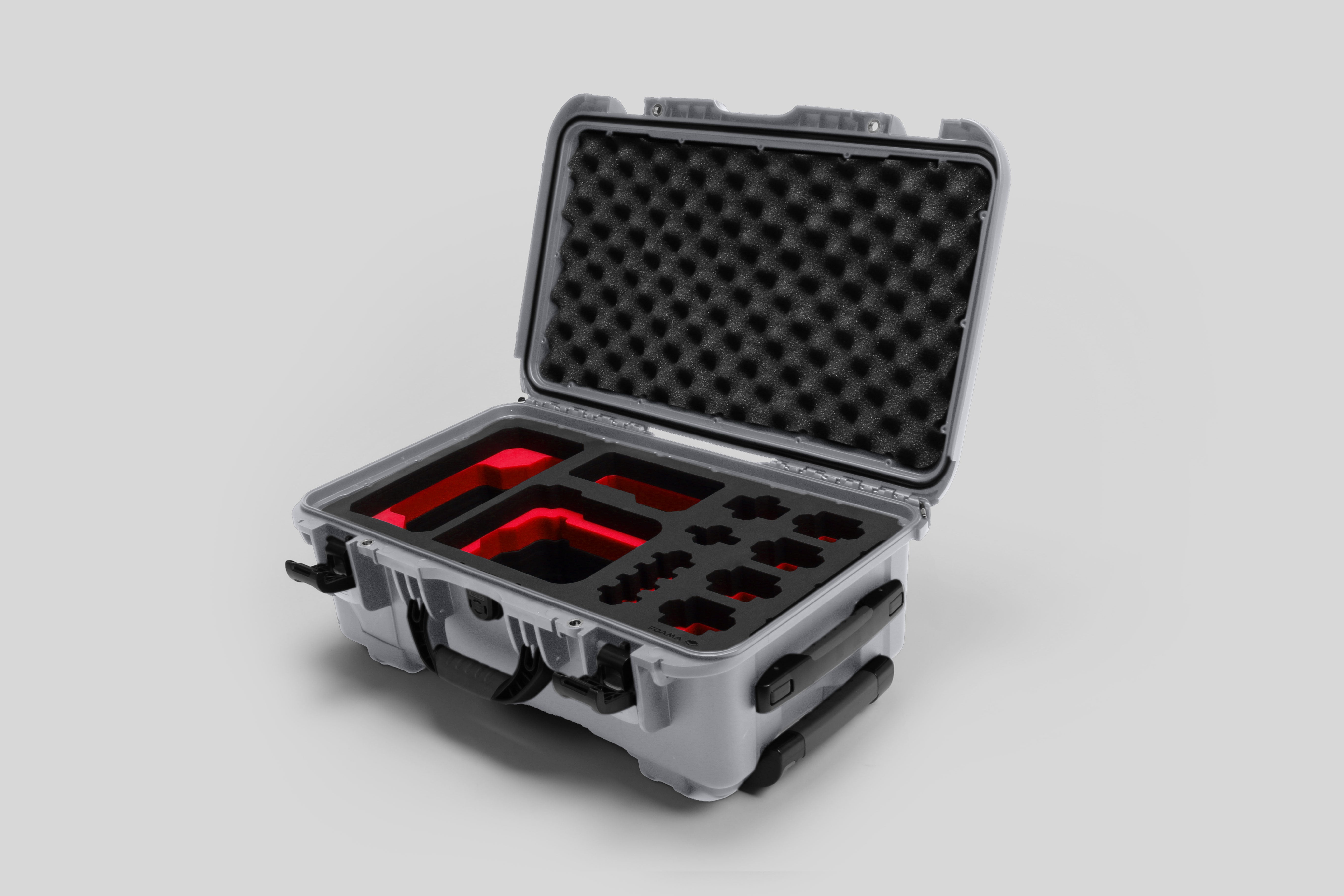 Angled view of Foama Silver Color Carry-on case and Custom Foam Insert with Red Layer for Sony FX-6