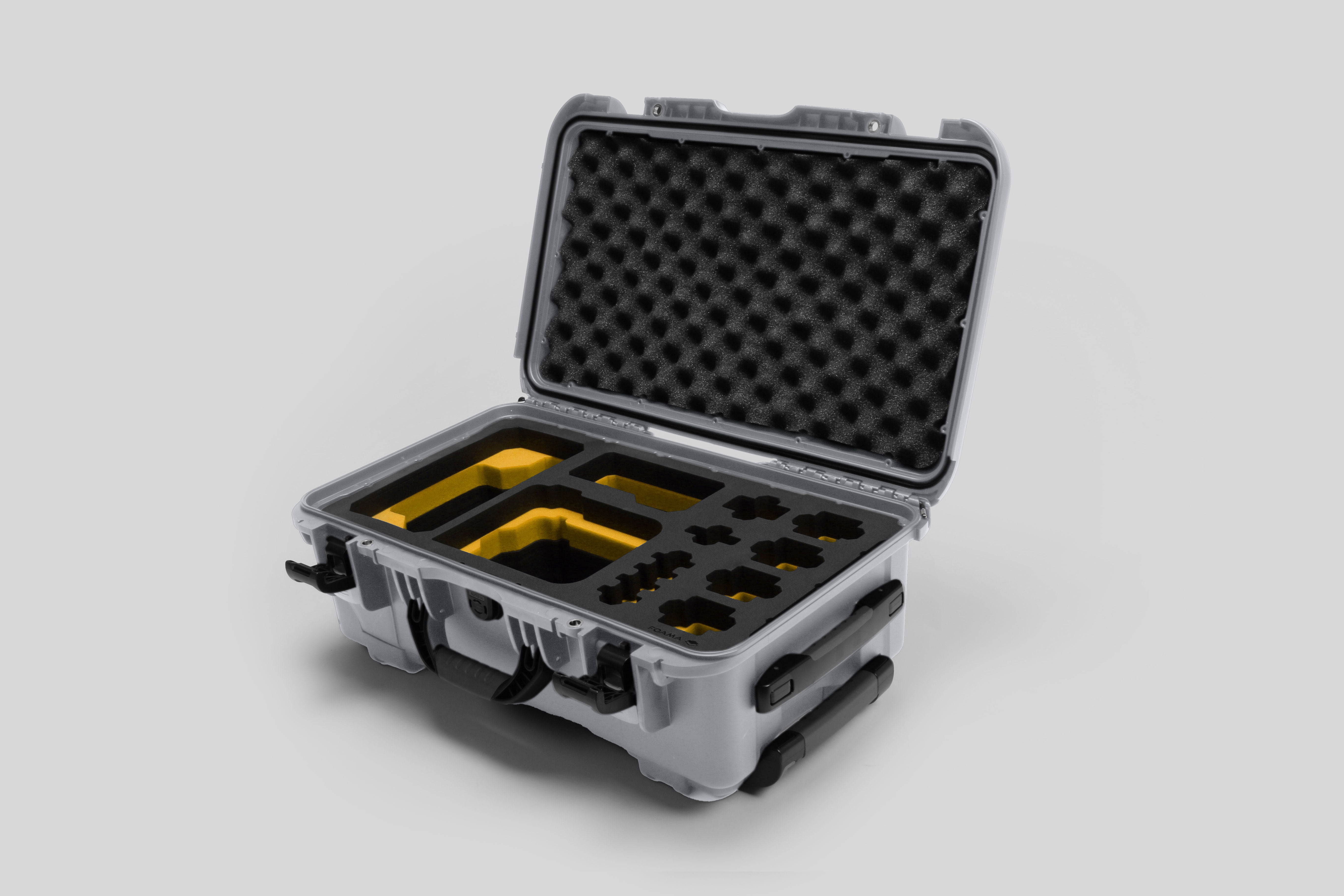 Angled view of Foama Silver Color Carry-on case and Custom Foam Insert with Yellow Layer for Sony FX-6
