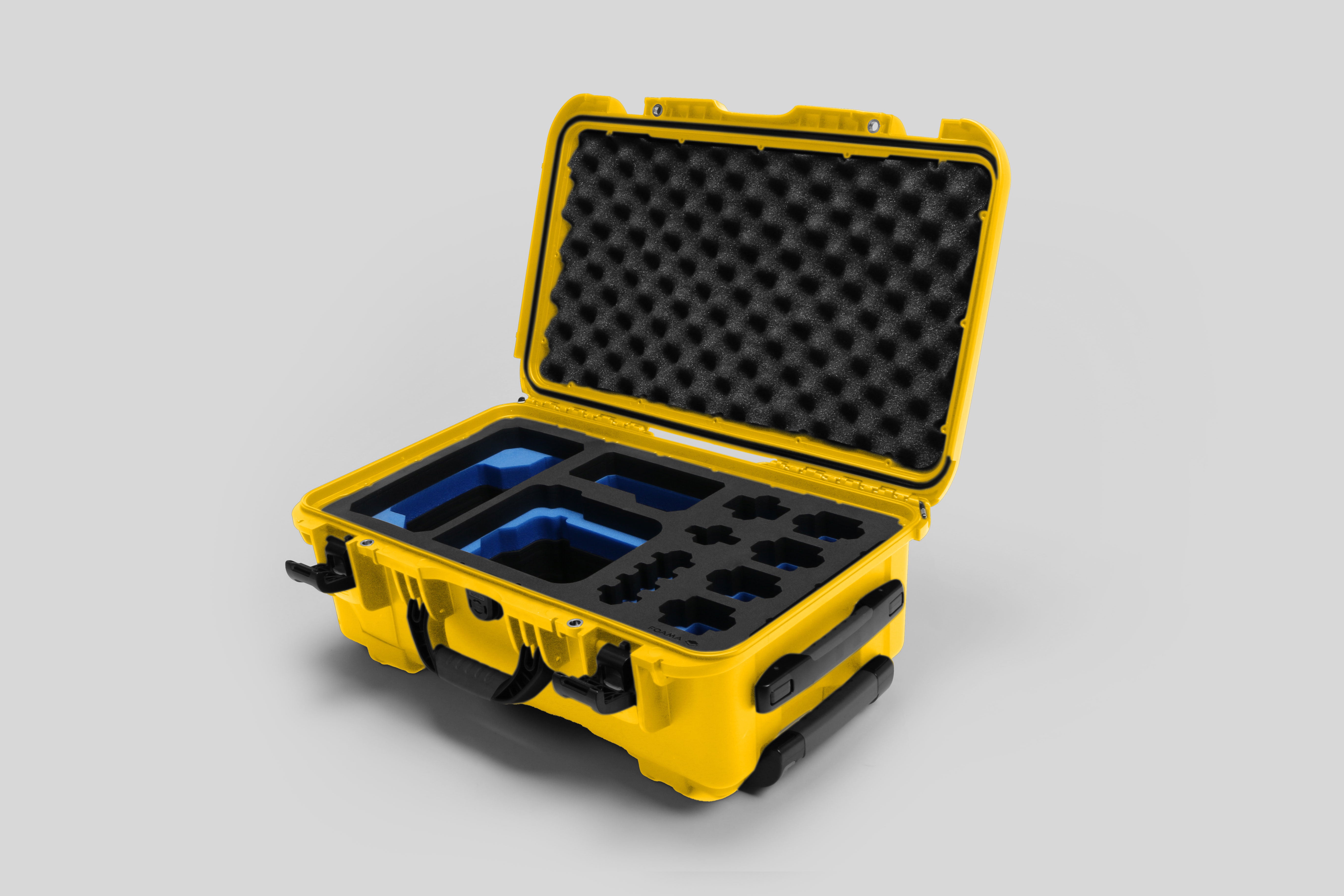 Angled view of Foama Yellow Color Carry-on case and Custom Foam Insert with Blue Layer for Sony FX-6