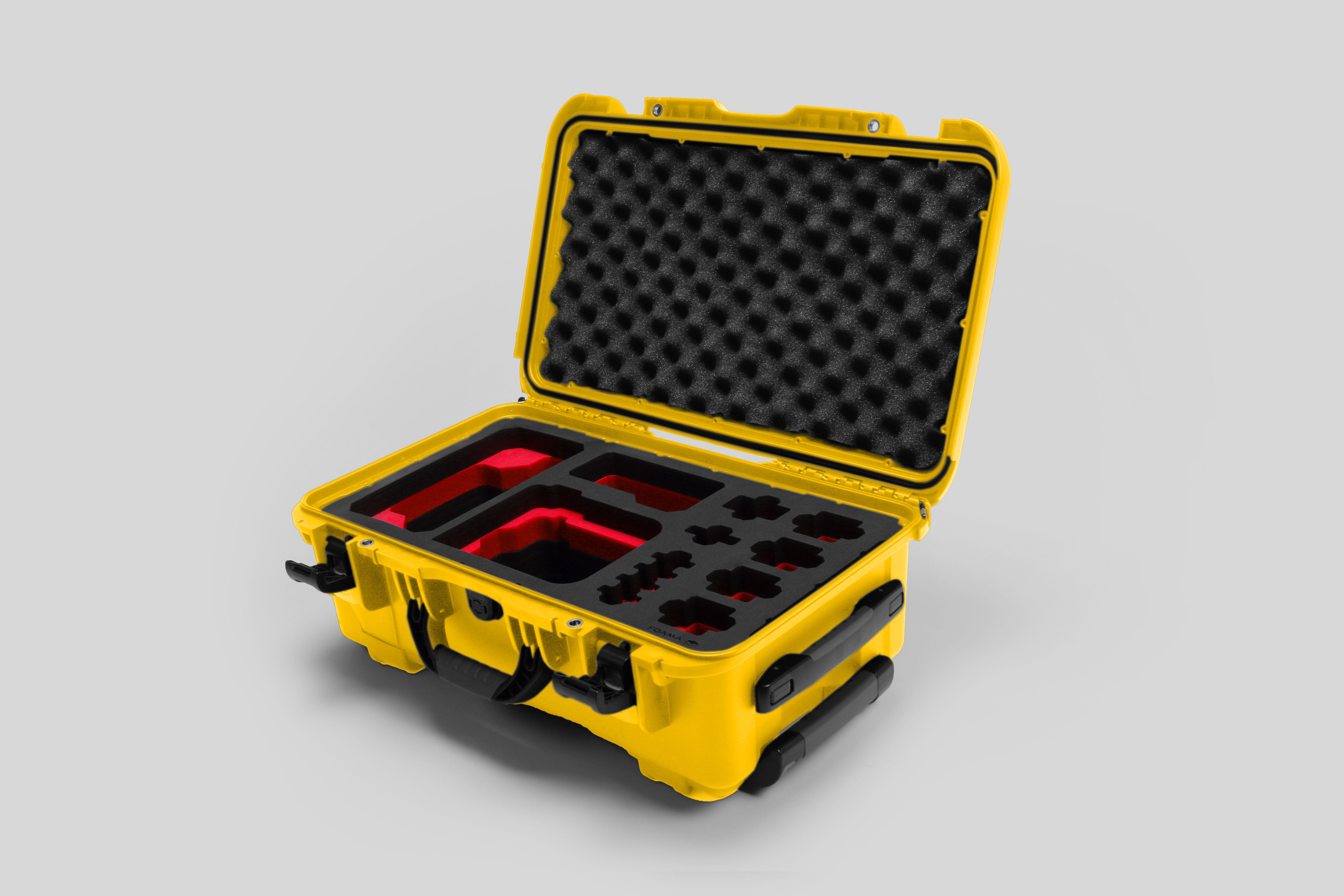 Angled view of Foama Yellow Color Carry-on case and Custom Foam Insert with Red Layer for Sony FX-6