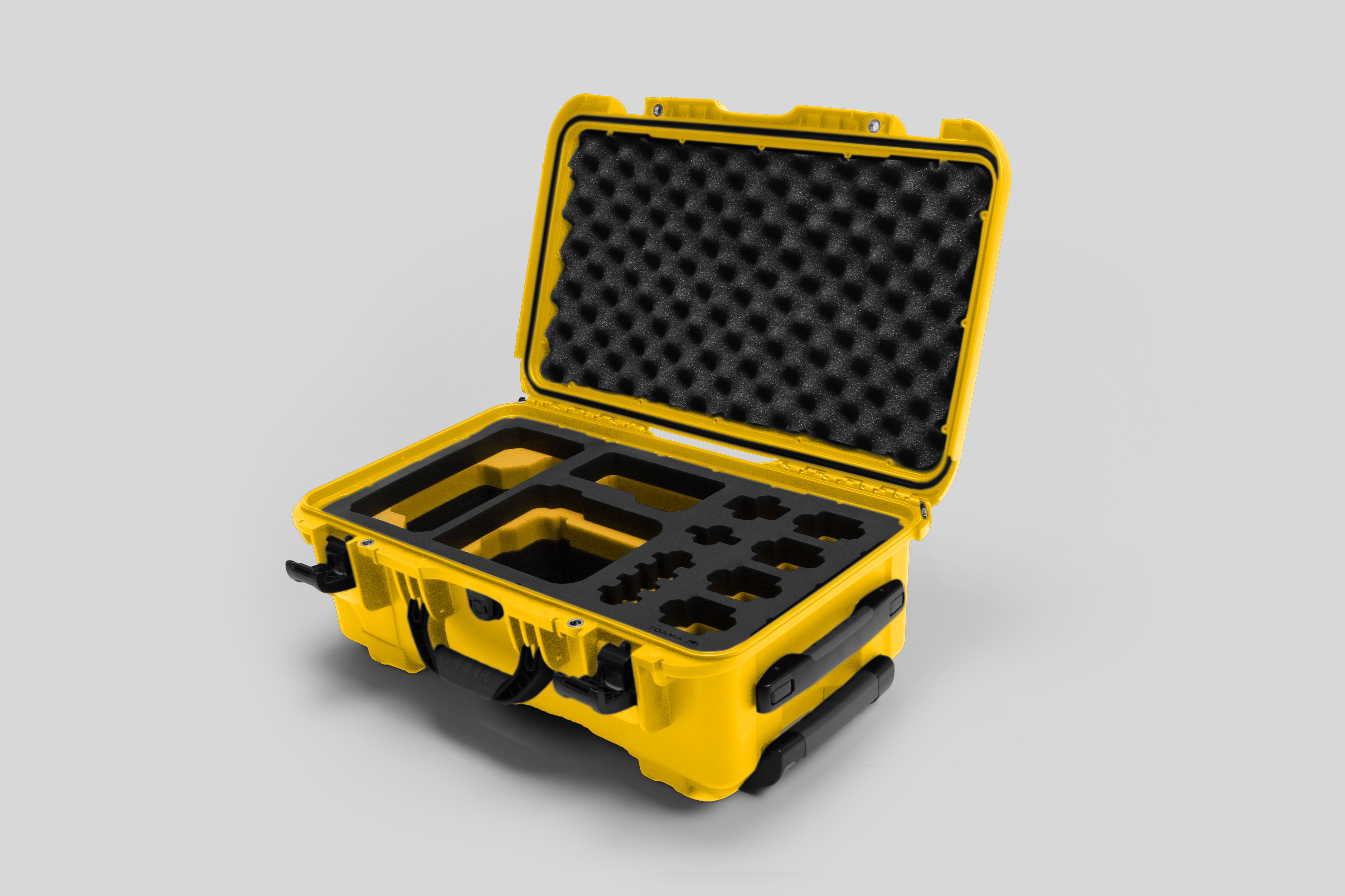 Angled view of Foama Yellow Color Carry-on case and Custom Foam Insert with Yellow Layer for Sony FX-6