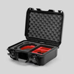 Angled View of a DJI Mini 3 & 4 Pro Black Color Hard Case with Custom Red Foam Insert
