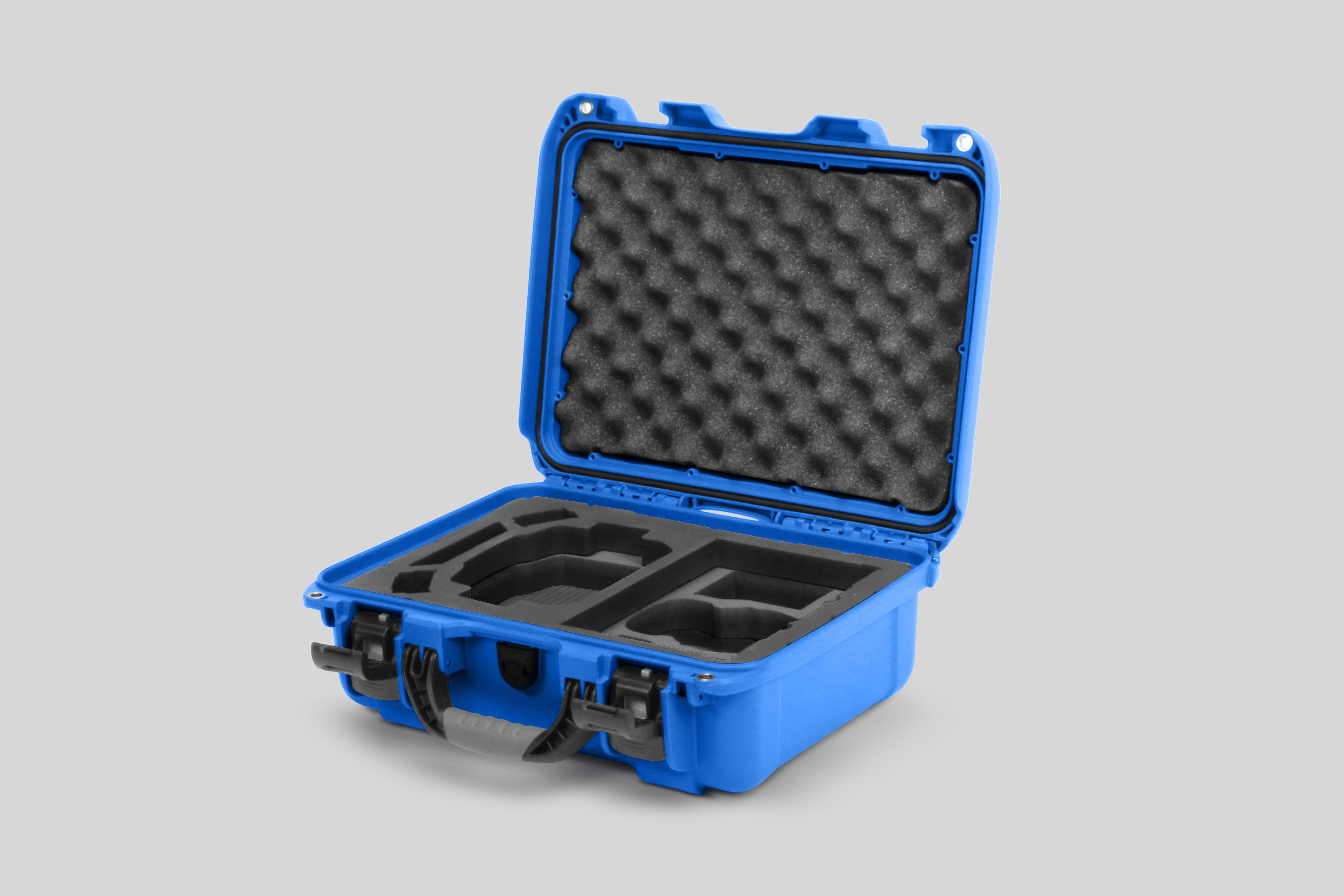 Angled view of Foama Blue Color Hard Case and Custom Foam Insert with a Stylish Black Layer for DJI Mini 3 & 4 Pro