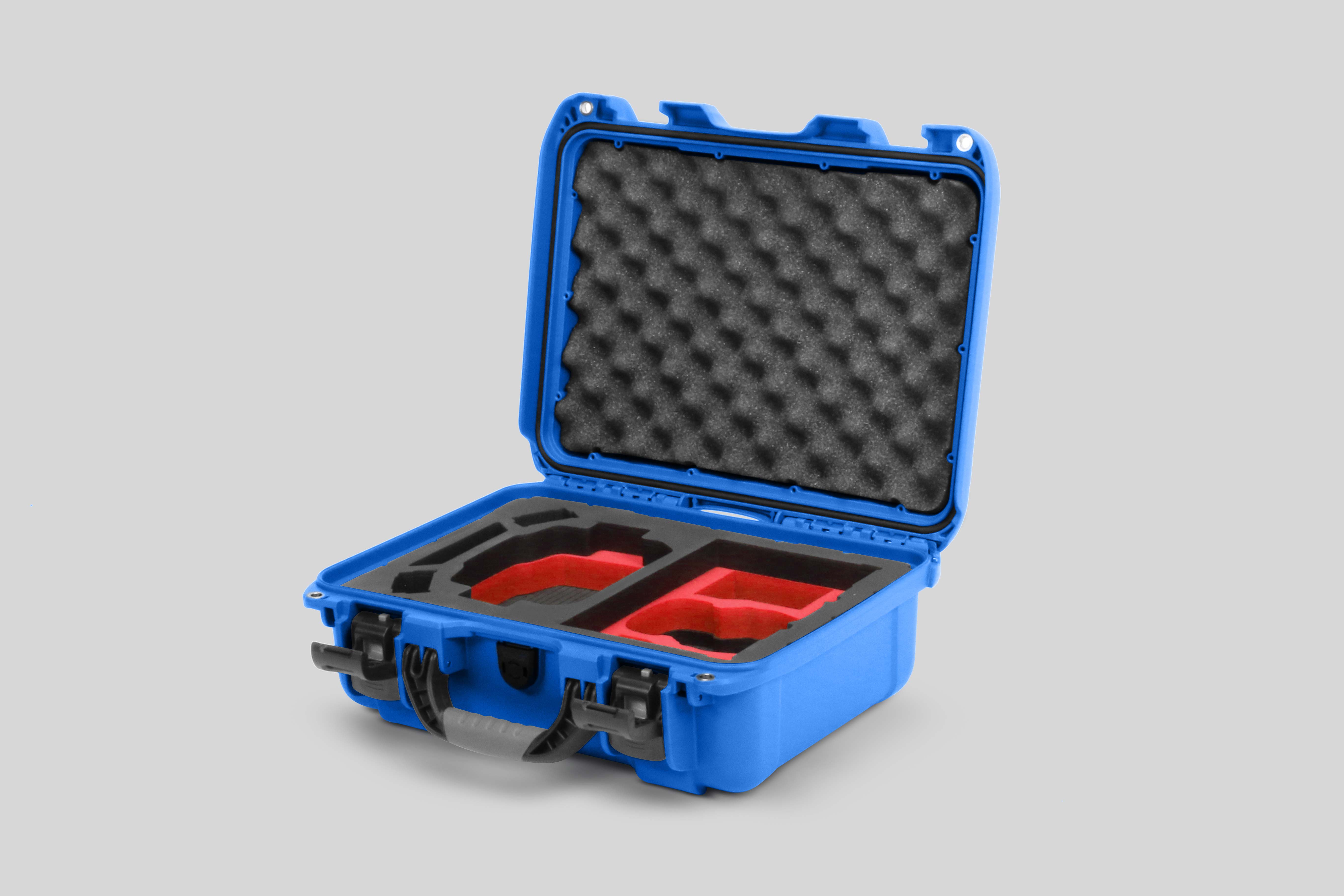 Angled view of Foama Blue Color Hard Case and Custom Foam Insert with a Stylish Red Layer for DJI Mini 3 & 4 Pro