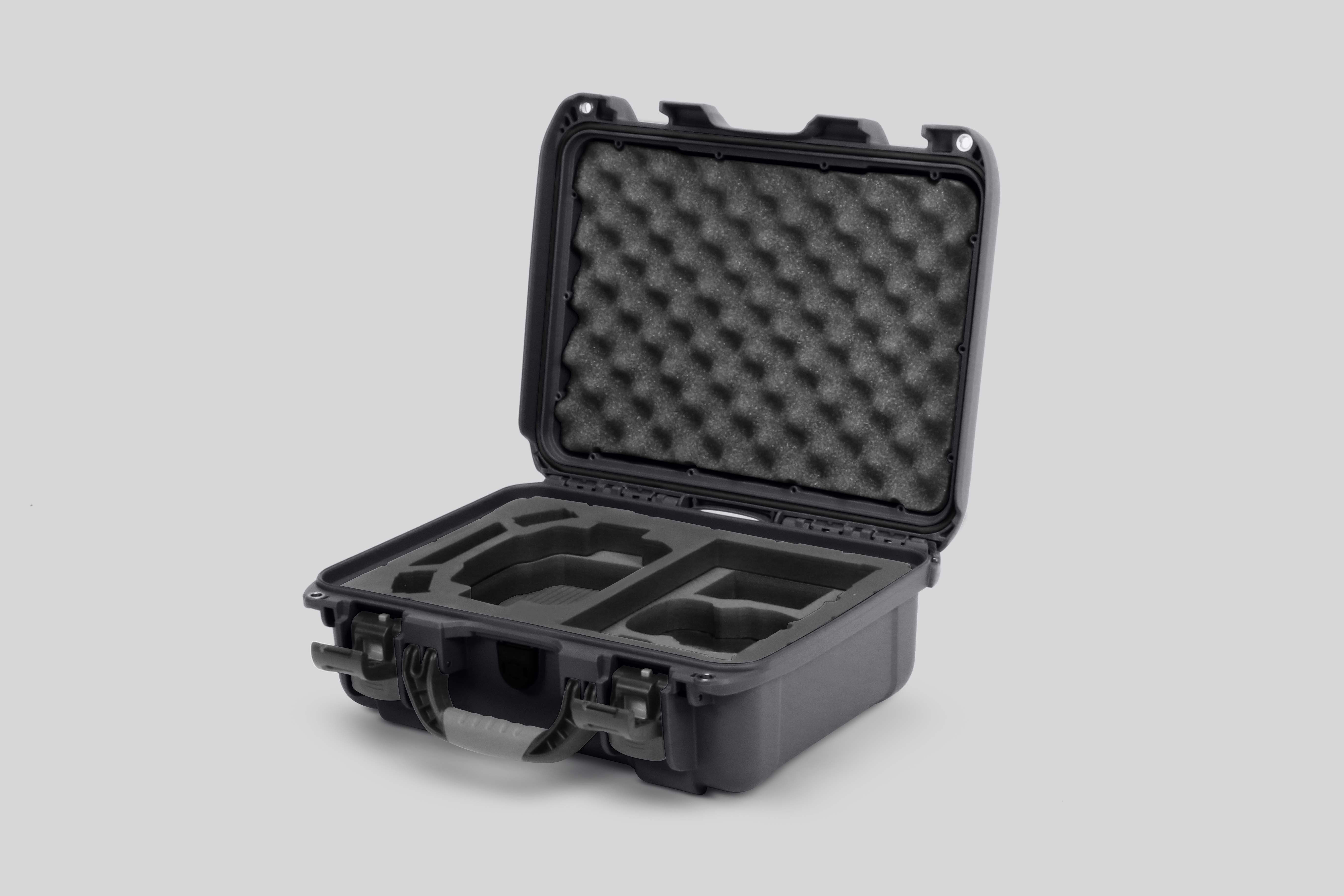 Angled view of Foama Graphite Color Hard Case and Custom Foam Insert with a Stylish Black Layer for DJI Mini 3 & 4 Pro