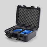 Angled view of Foama Graphite Color Hard Case and Custom Foam Insert with a Stylish Blue Layer for DJI Mini 3 & 4 Pro