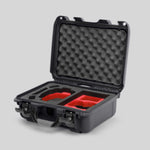 Angled view of Foama Graphite Color Hard Case and Custom Foam Insert with a Stylish Red Layer for DJI Mini 3 & 4 Pro