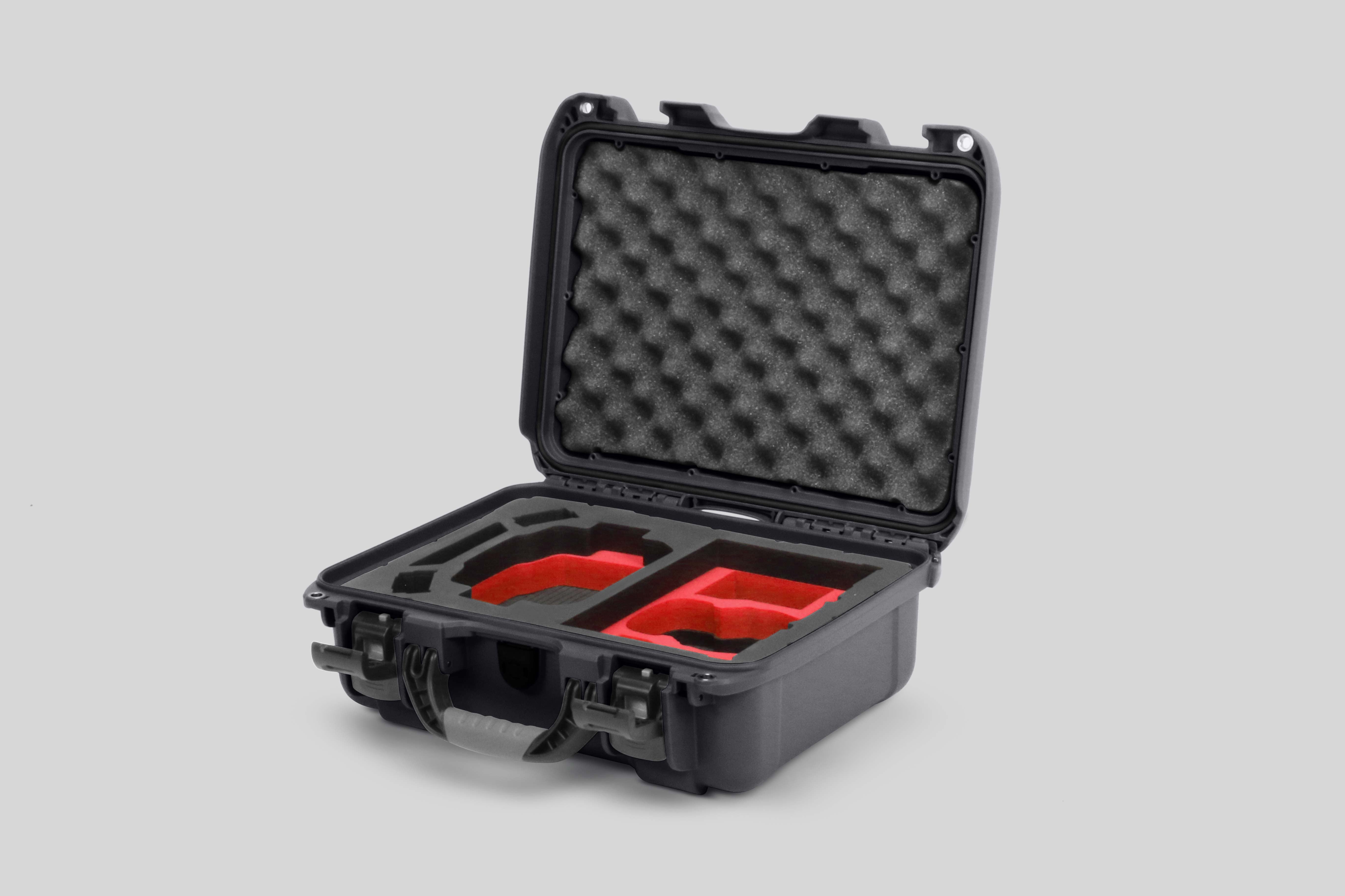 Angled view of Foama Graphite Color Hard Case and Custom Foam Insert with a Stylish Red Layer for DJI Mini 3 & 4 Pro