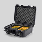 Angled view of Foama Graphite Color Hard Case and Custom Foam Insert with a Stylish Yellow Layer for DJI Mini 3 & 4 Pro