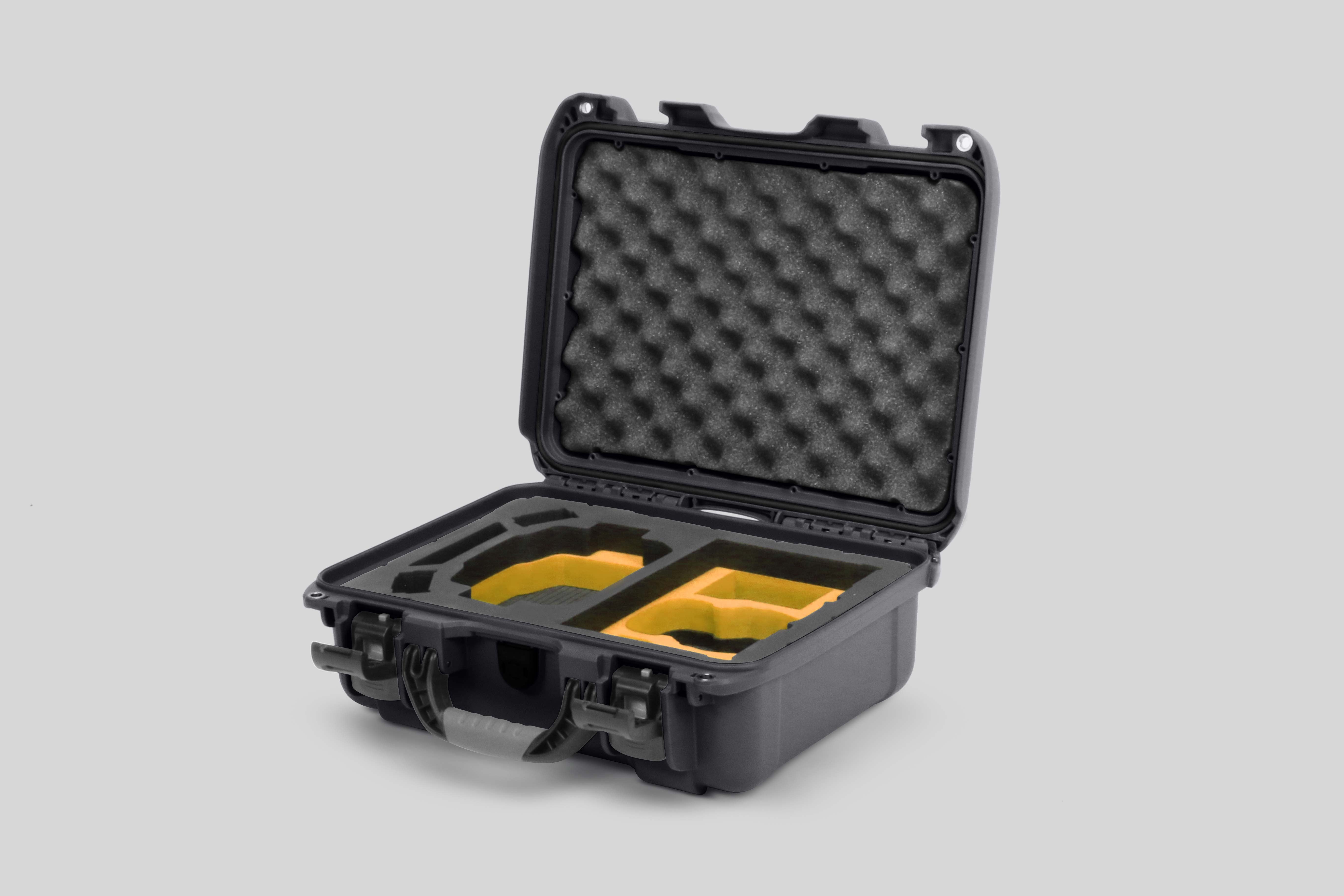 Angled view of Foama Graphite Color Hard Case and Custom Foam Insert with a Stylish Yellow Layer for DJI Mini 3 & 4 Pro