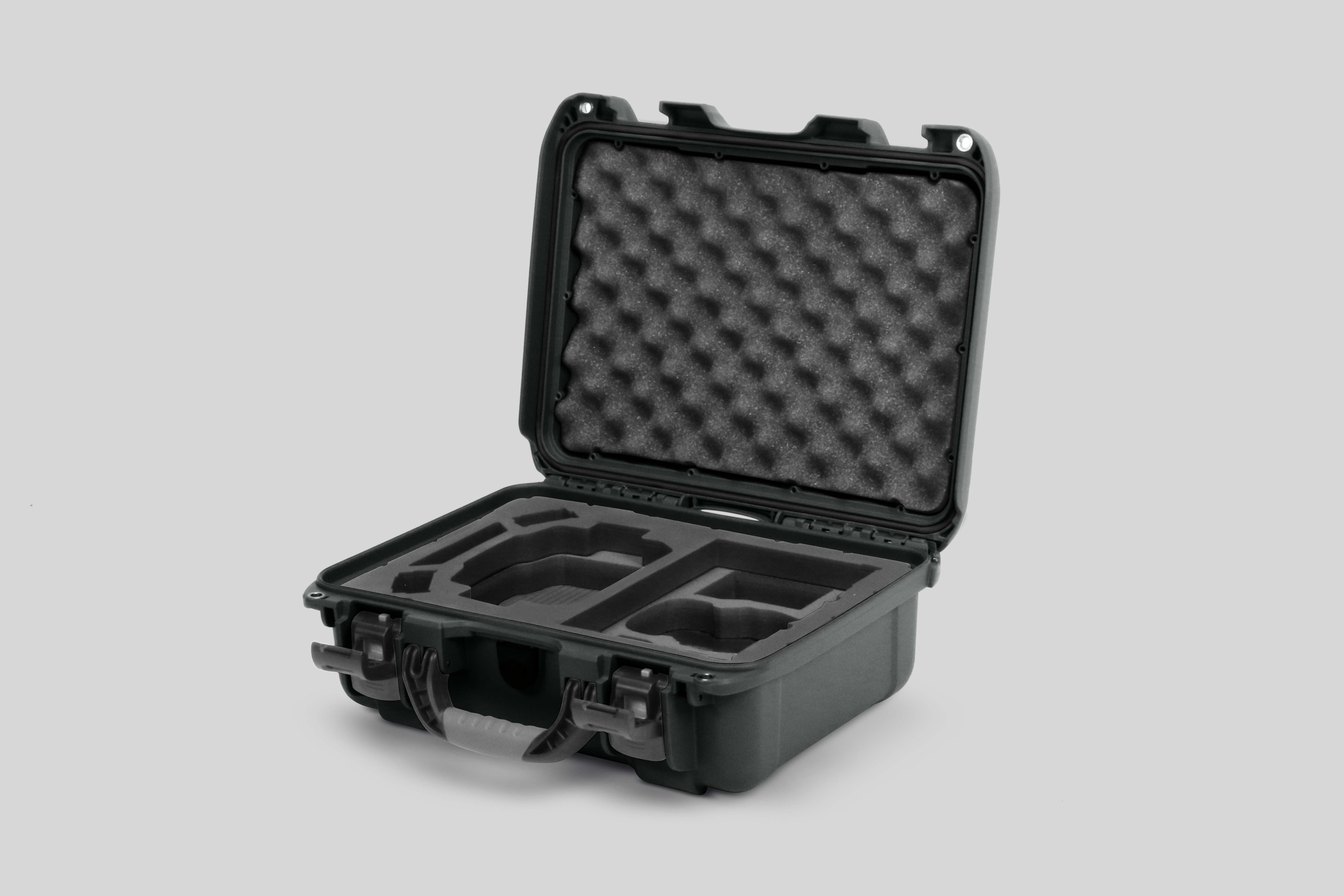 Angled view of Foama Olive Color Hard Case and Custom Foam Insert with a Stylish Black Layer for DJI Mini 3 & 4 Pro