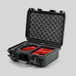 Angled view of Foama Olive Color Hard Case and Custom Foam Insert with a Stylish Red Layer for DJI Mini 3 & 4 Pro