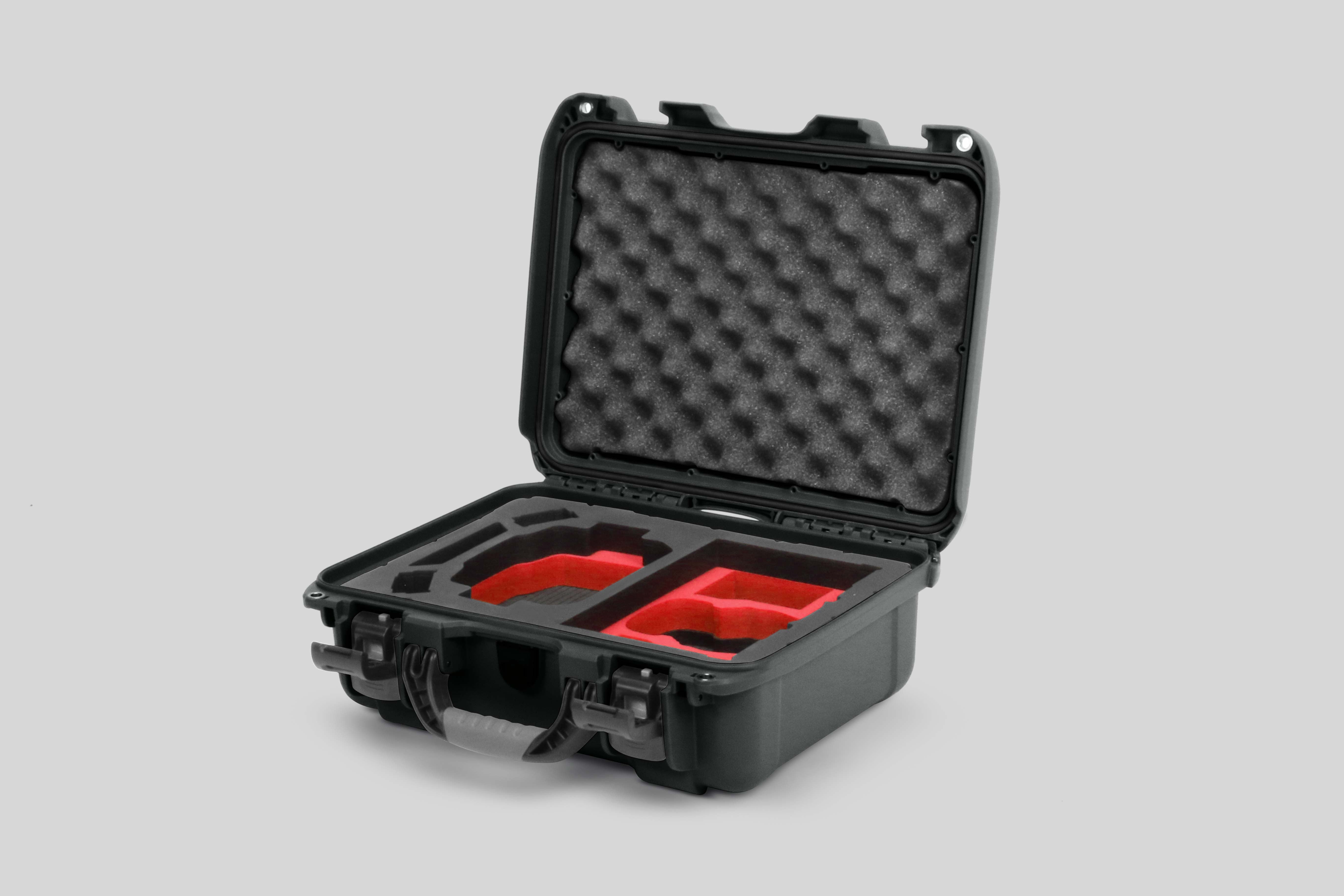 Angled view of Foama Olive Color Hard Case and Custom Foam Insert with a Stylish Red Layer for DJI Mini 3 & 4 Pro